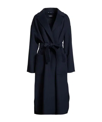Max Mara Minimalist Wool Belted Coat In Blue