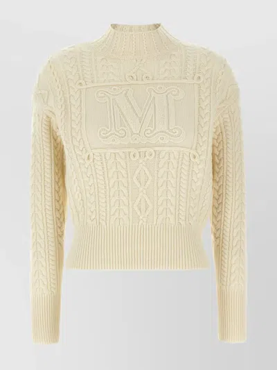 Max Mara 'miranda' High Neck Cable Knit Sweater In White