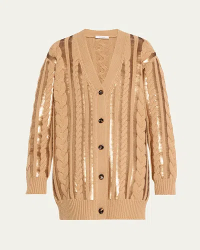 Max Mara Mirco Sequined Cable Oversized Cardigan In Brown