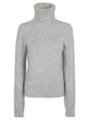 Max Mara Fitted Wool Turtleneck Sweater With Ribbed Detailing In Gray