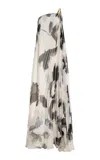 Max Mara Chiffon Dress With An All-over Printasymmetrical Neckline With Metal Detail On The Left Shoulder In Gray