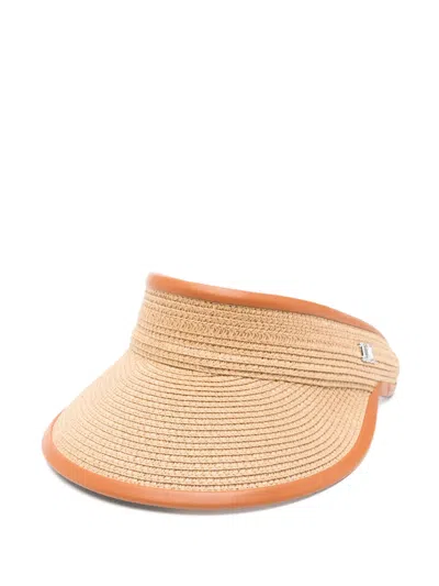 Max Mara Mogador Embellished Leather-trimmed Raffia Visor In Brown