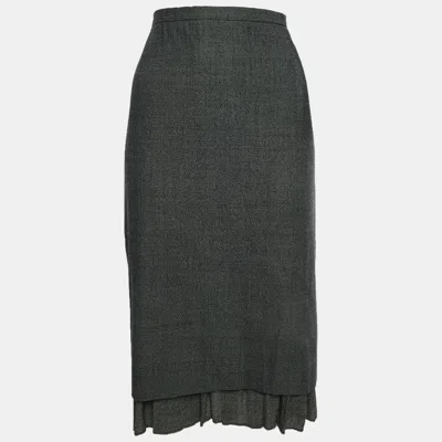 Pre-owned Max Mara Monochrome Herringbone Wool Pencil Skirt L In Black