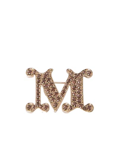 Max Mara Monogram Brooch With Crystals In Camel