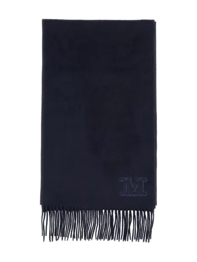 Max Mara Monogram-embroidered Fringed Scarf In Blue