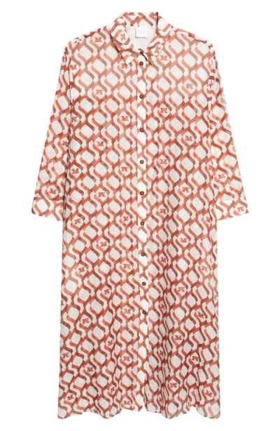 Max Mara Monogram Print Long Sleeve Cotton & Silk Voile Shirtdress In Brown
