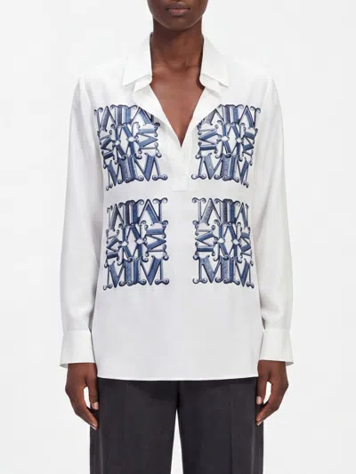 Max Mara Monogram Print Silk Shirt With Classic Collar In White