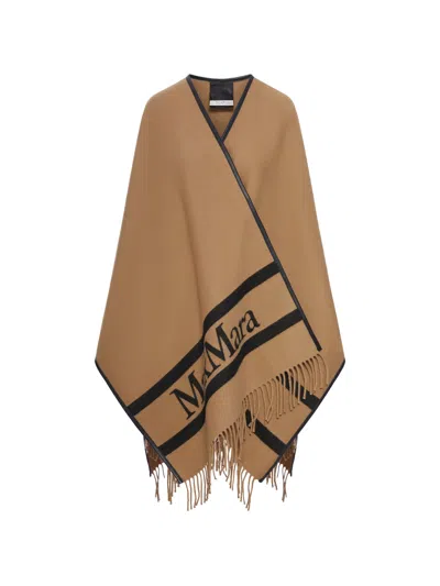 Max Mara Motif Wool Scarf With Long Fringe And Leather Piping In Brown