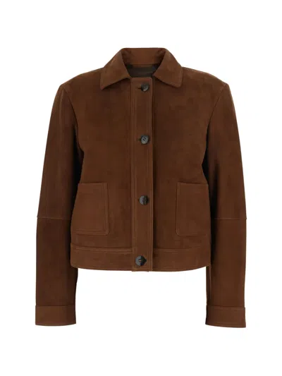 Max Mara Studio Suede Jacket With Collar And Applied Pockets In Brown
