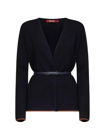 Max Mara Studio Contrast Trim Belted Waist Cardigan In Black