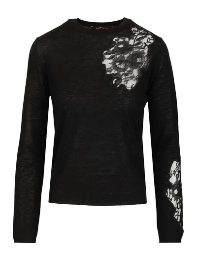 Max Mara Mstellisse Wool-silk Knit Lace Embroidered Crewneck Knitwear Black