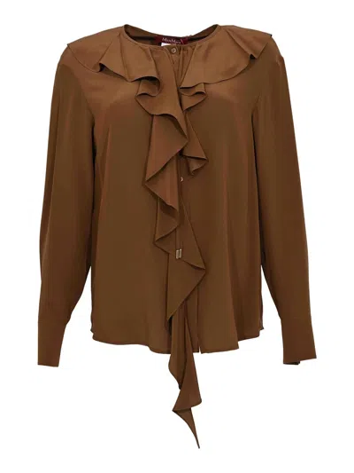 Max Mara Mstepica Silk Blouse With Chocolate Ruffles In Brown