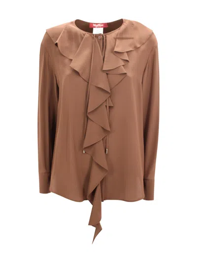 Max Mara Mstepica Silk Blouse With Ruffle Details In Brown