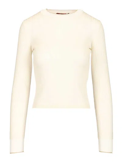 Max Mara Mstepoche Wool-silk Knit Ribbed Ls Crewneck Knitwear White In Nude