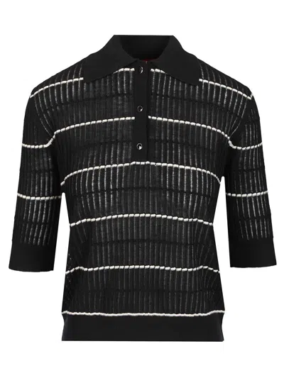 Max Mara Mstgallo Wool-silk Knit Ribbed Ss Polo Polo Shirt Multicolor In Black