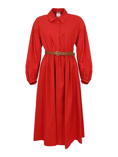 Max Mara Mstmarmo Dress In Cotton Satin With Red Belt