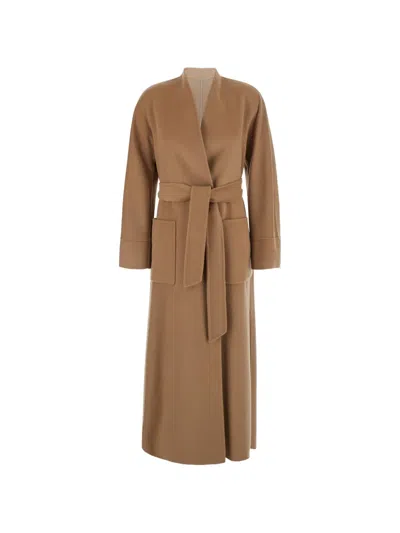 Max Mara Mstnodo Belted Patch-pocket Coat In Brown