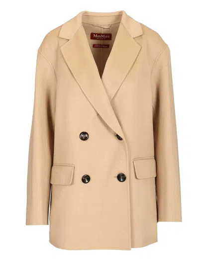 Max Mara Mstomelia Wool-silk Double Breasted Caban Coats Beige In Neutral