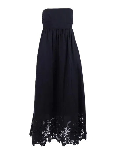Max Mara Maxmara Studio Strapless Linen Dress With Embroidered Hem In Black