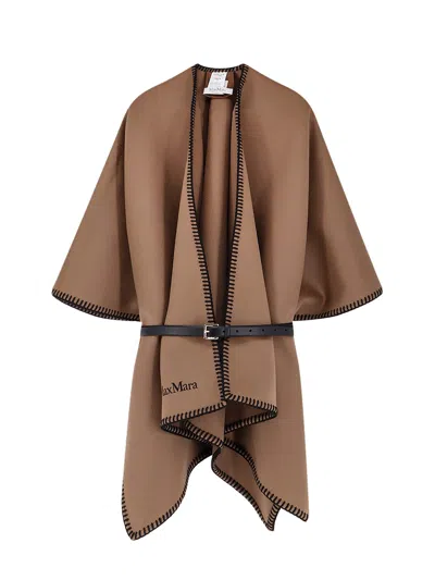Max Mara Mxacolomba Virgin Wool Cape With Belt In Brown