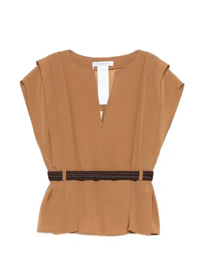 Max Mara Mxmabete Belted V-neck Top In Brown