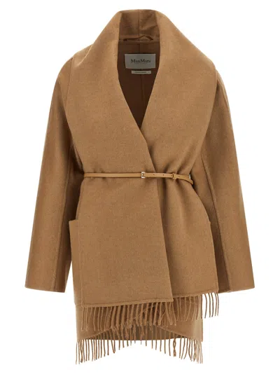 Max Mara Abilita Fringed Camel Hair Belted Cape Jacket In Brown