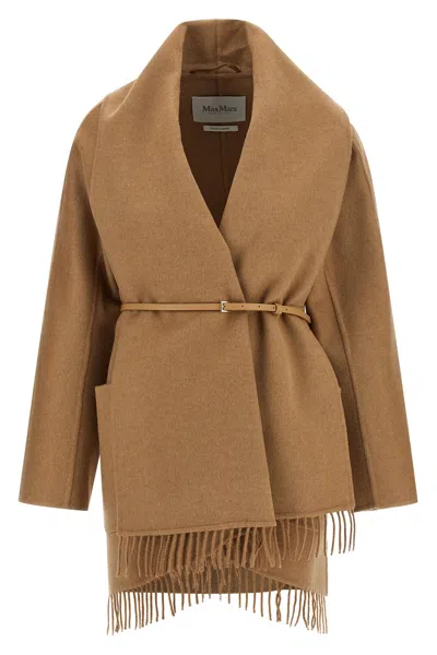 Max Mara Abilita Fringed Camel Hair Belted Cape Jacket In Brown