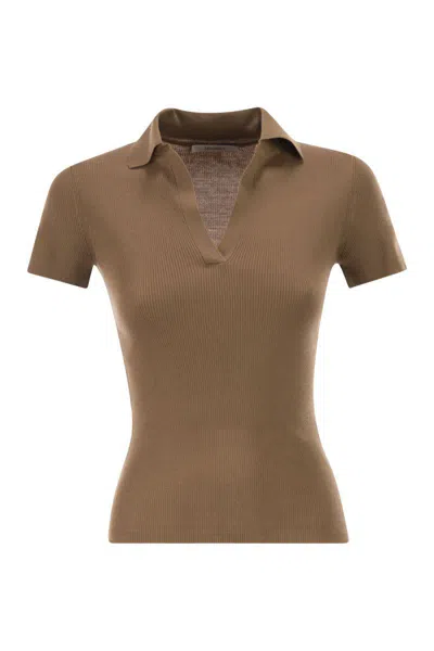 Max Mara Mxmalbero - Ribbed Wool Polo Shirt In Brown
