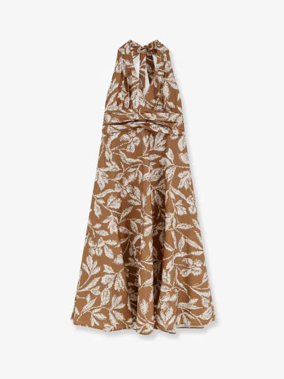 Max Mara Halterneck Printed Cotton Midi Dress In Brown