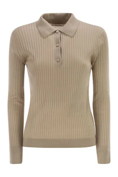 Max Mara Maxmara Mxpgitano Ribbed Knit Polo Shirt In Cashmere And Silk In Brown