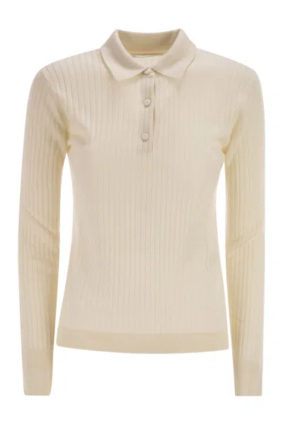 Max Mara Maxmara Mxpgitano Ribbed Knit Polo Shirt In Cashmere And Silk In White