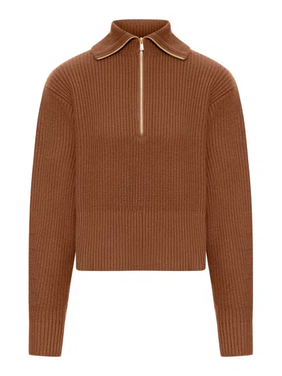 Max Mara Ribbed Wool Zip-neck Sweater In Brown