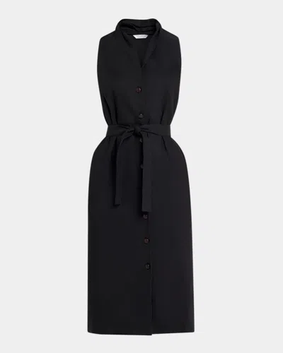 Max Mara Navetta Sleeveless Belted Linen Button-front Midi Dress In Black