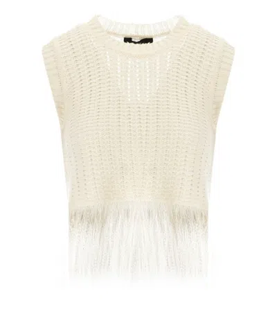 Max Mara Navetta White Fringed Top In Neutral