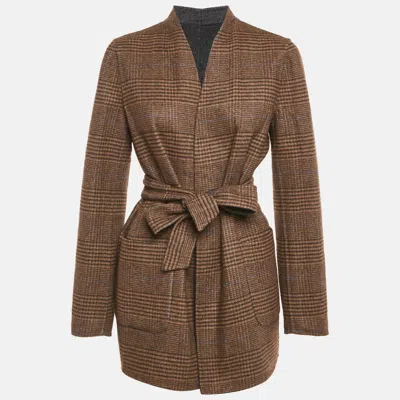 Pre-owned Max Mara Navy Blue & Brown Patterned Intarsia Wool Reversible Belt Coat M