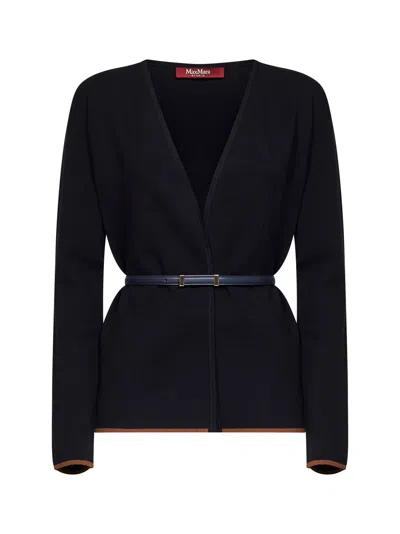 Max Mara Navy Blue Compact Knit Mstdente Belted Cardigan