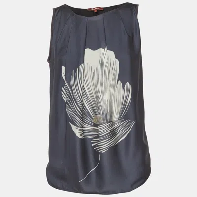 Pre-owned Max Mara Navy Blue Floral Print Silk Sleeveless Top M