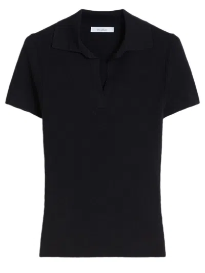 Max Mara Navy Blue Virgin Wool Albero Knit Ribbed Polo In Black