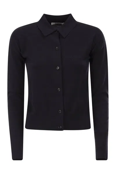 Max Mara Navy Blue Wool Medeola Knit Polo In Black