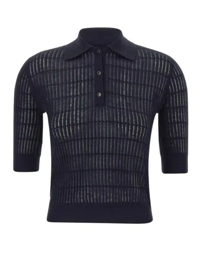 MAX MARA NAVY TEXTURED SHIRT COLLAR T-SHIRT