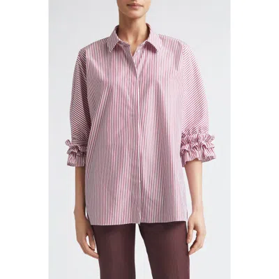 Max Mara Nebbie Stripe Ruffle Elbow Sleeve Button-up Shirt In Burgundy