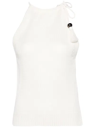 Max Mara Neutral Tasselled Knitted Linen Top In White