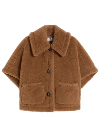 Max Mara Newterzo Boxy Cape In Alpaca And Wool Teddy In Brown