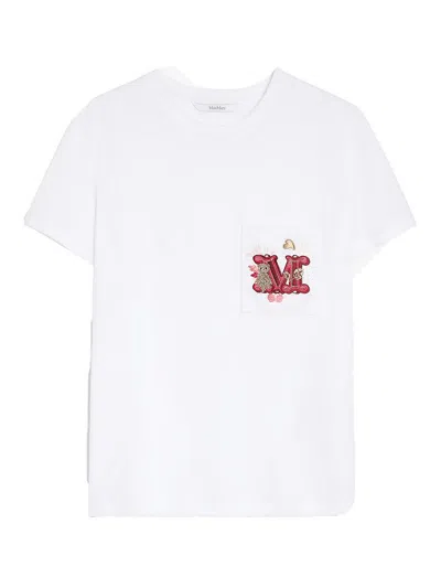Max Mara T-shirt With Embroidered Pocket In Bianco