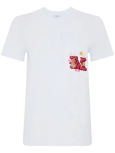 MAX MARA NUNZIO WHITE COTTON T-SHIRT WITH POCKET AND RHINESTONES