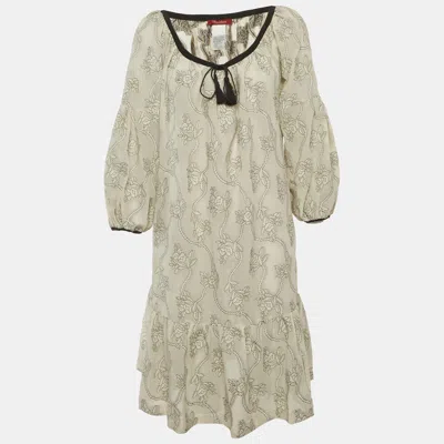 Max Mara Off-white Floral Pattern Cotton Blend Ruffle Midi Dress In Green
