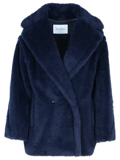 Max Mara Alpaca Blend Coat 'olga' Faux Fur In Blue