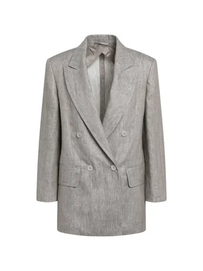 Max Mara Olimpia Double-breasted Chevron Linen Blazer In Beige In Gray