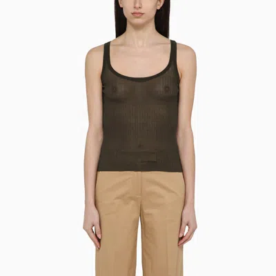 Max Mara Olive Green Silk Ribbed Tank Top In Beige