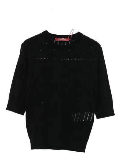 Max Mara Crewneck Metallic Thread Knitwear Sheer Short Sleeves In Black